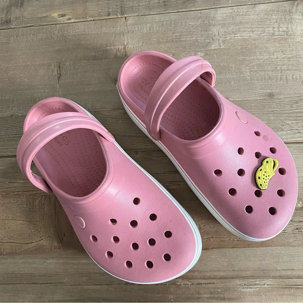 CROCS Women’s Pink White Clogs Crocband Comfort Platform Jibbitz Charm Sandals 7_3